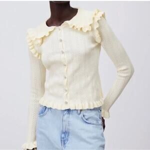 Zara Cream Ruffle Collar Knit Crystal Jewel Button Cardigan Sweater Size Medium